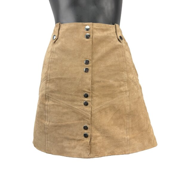 MANGO Genuine Suede Leather Tan Camel Stud Front Belt Loops Lined Mini Skirt S - Picture 1 of 9